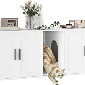 PawHut Cat Litter Box Enclosure for 2 Cats, Hidden Litter Box Furniture with Double Room, Scratching Mat, Kitty Washroom Furniture, 57" x 19" x 20", White