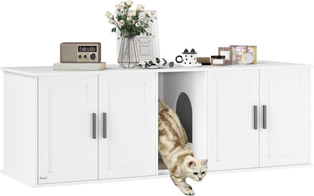 PawHut Cat Litter Box Enclosure for 2 Cats, Hidden Litter Box Furniture with Double Room, Scratching Mat, Kitty Washroom Furniture, 57" x 19" x 20", White