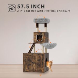 Alternative view of Hidden Litter Box Enclosure with Large Cat Tree 57.5 Inch 2-in-1 Modern Multi-Level Pussy Tower Condo Toilet Furniture with Hammock Sisal Scratching Posts Plush Perch to Climb Scratch Sleep Play