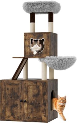 Hidden Litter Box Enclosure with Large Cat Tree 57.5 Inch 2-in-1 Modern Multi-Level Pussy Tower Condo Toilet Furniture with Hammock Sisal Scratching Posts Plush Perch to Climb Scratch Sleep Play