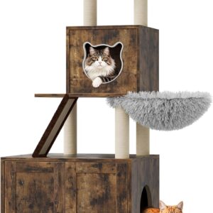 Hidden Litter Box Enclosure with Large Cat Tree 57.5 Inch 2-in-1 Modern Multi-Level Pussy Tower Condo Toilet Furniture with Hammock Sisal Scratching Posts Plush Perch to Climb Scratch Sleep Play