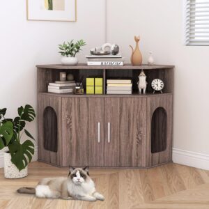 Alternative view of PETSITE Corner Cat Litter Box Enclosure, Modern Hidden Litter Box with 2 Entrances, Double Doors, Open Compartments, Grey-Brown