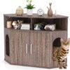 PETSITE Corner Cat Litter Box Enclosure, Modern Hidden Litter Box with 2 Entrances, Double Doors, Open Compartments, Grey-Brown