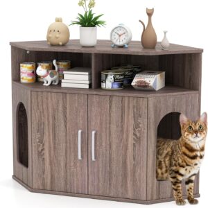 PETSITE Corner Cat Litter Box Enclosure, Modern Hidden Litter Box with 2 Entrances, Double Doors, Open Compartments, Grey-Brown