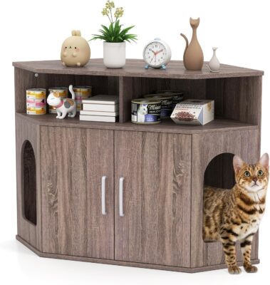 PETSITE Corner Cat Litter Box Enclosure, Modern Hidden Litter Box with 2 Entrances, Double Doors, Open Compartments, Grey-Brown