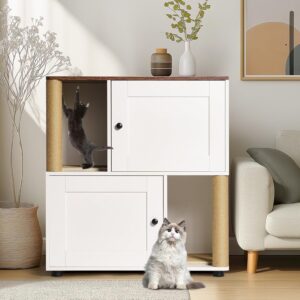 Litter Box Enclosure for 2 Cats, Hidden Double Litter Box Enclosure Furniture with Cat Scratching Post, Wooden Cat Washroom Furniture, Indoor Pet House End Table, Fit Most of Litter Box