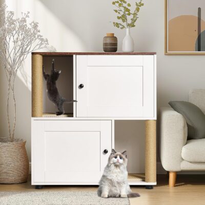 Litter Box Enclosure for 2 Cats, Hidden Double Litter Box Enclosure Furniture with Cat Scratching Post, Wooden Cat Washroom Furniture, Indoor Pet House End Table, Fit Most of Litter Box